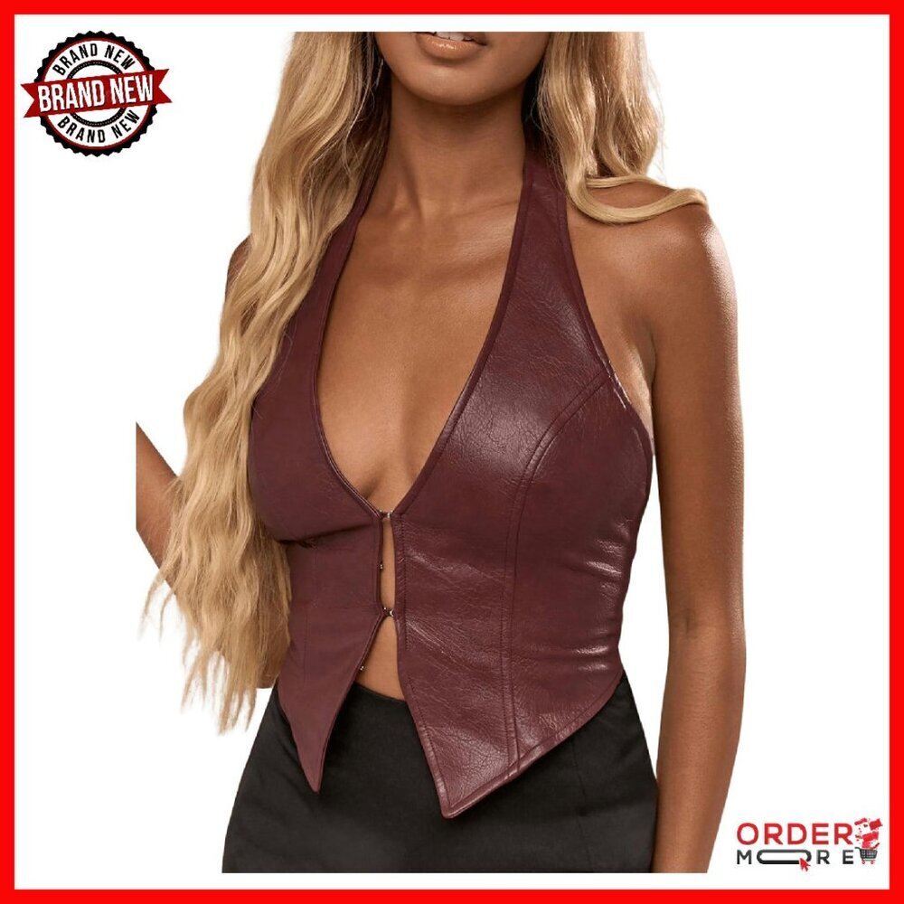 PU Leather Halter Tank Top Deep V Neck Backless Corset Vest Party Wear